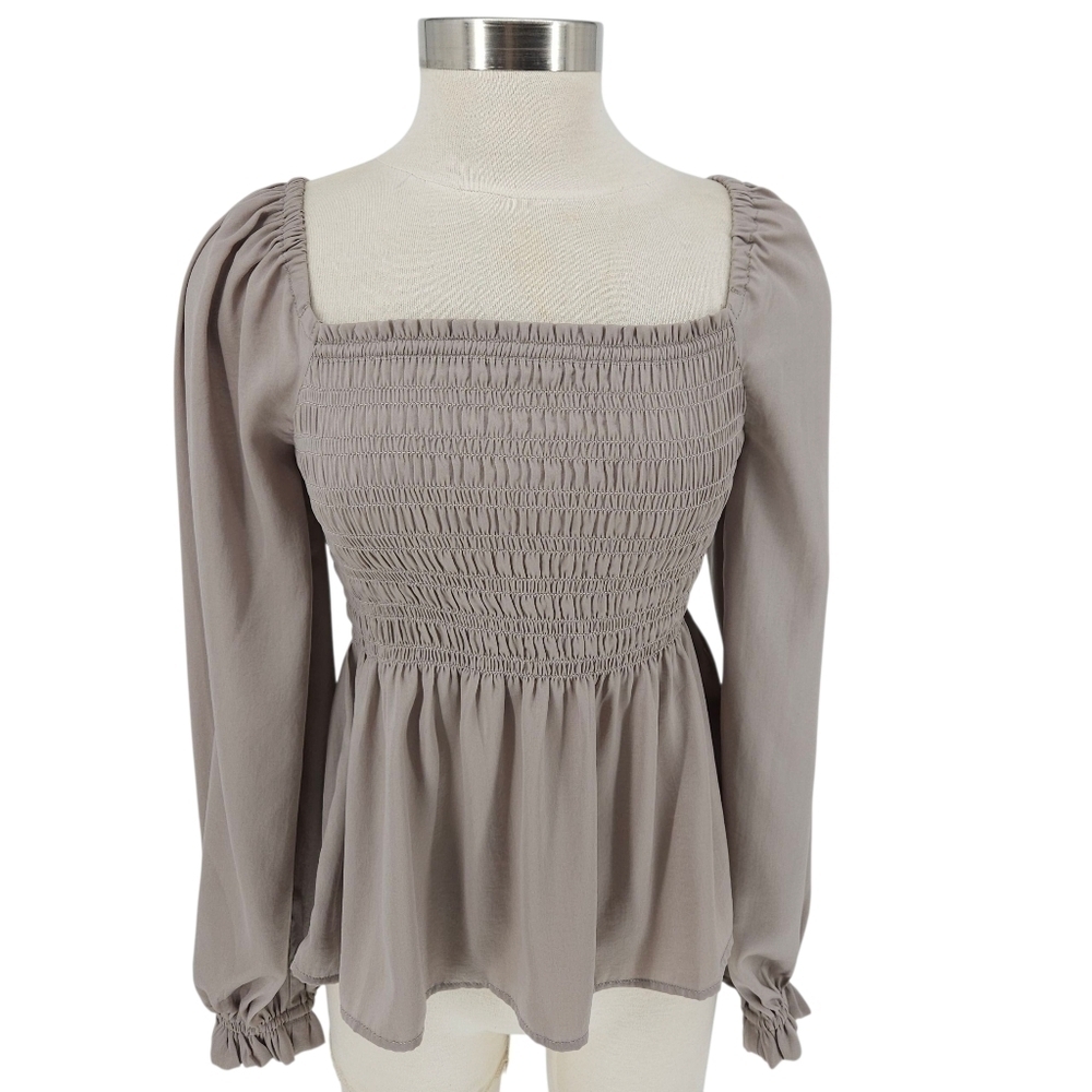 GAP Peplum Top Taupe Long Sleeve Smocked Square Neck Peasant Shirt Small